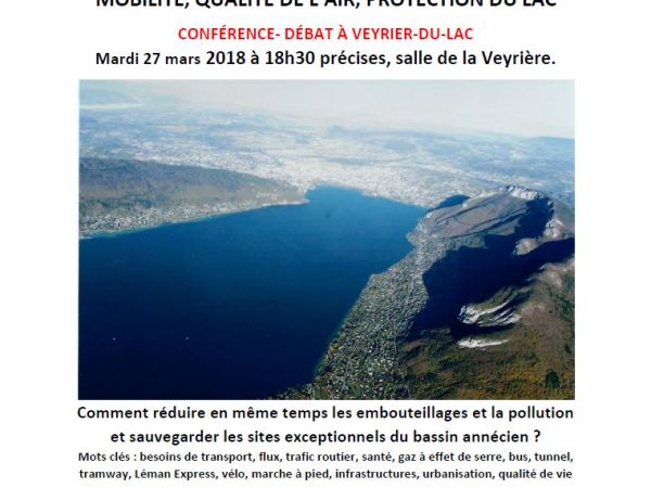 Le 27 mars, conférence débat à Veyrier : MOBILITE, QUALITE DE L&rsquo;AIR, PROTECTION DU&nbsp;LAC